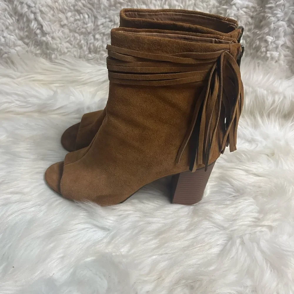 Nine West leather suede Brown Fringe ankle Boots Peep toe back zipper SZ9.5M
